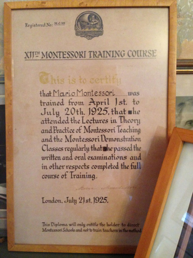 Mario Montessori (Maria's only son) diploma to Montessori education. she passed him. and edited the certificate from she to he